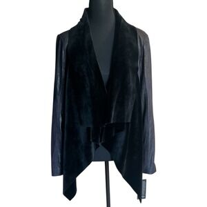 BNCI Black Faux Velvet Waterfall Moto‎ Jacket Metallic Leather Look NWT S